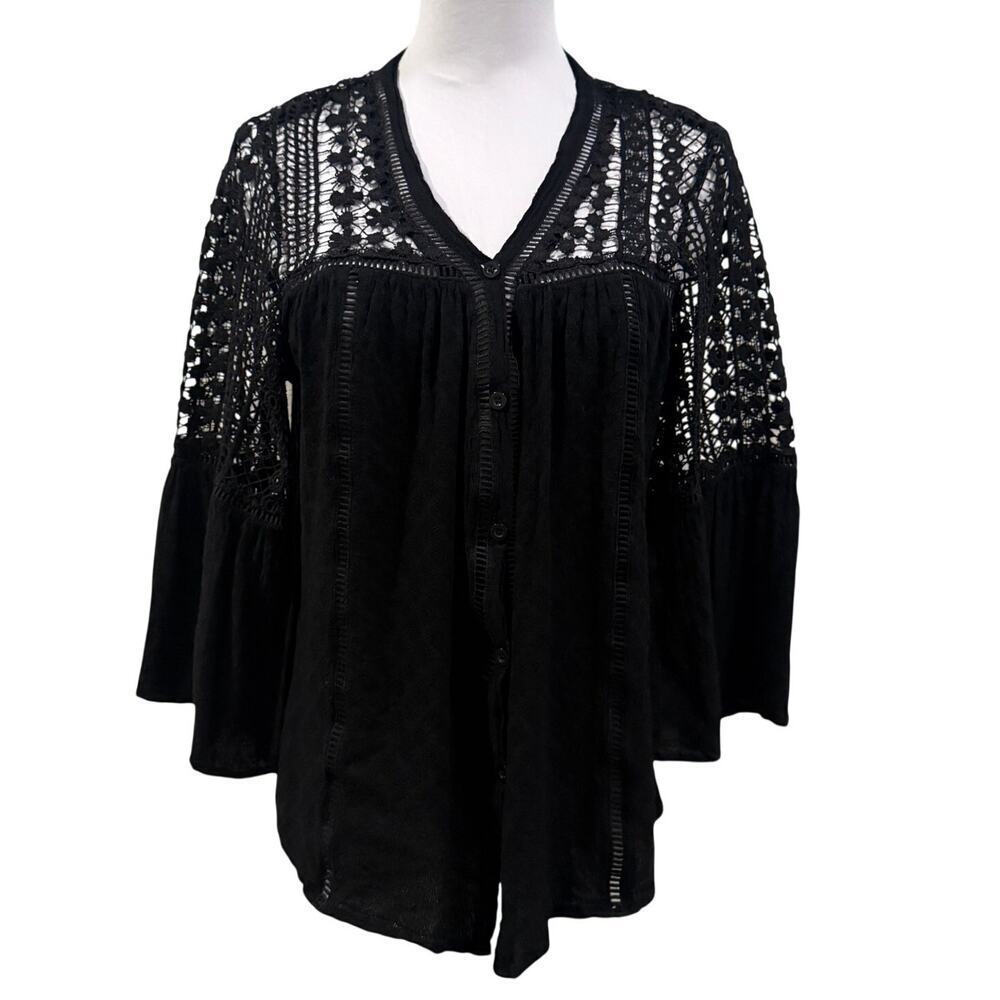 Black Lace V Neck Button Blouse Small Whimsigoth Fairy Grunge Office Boho Work
